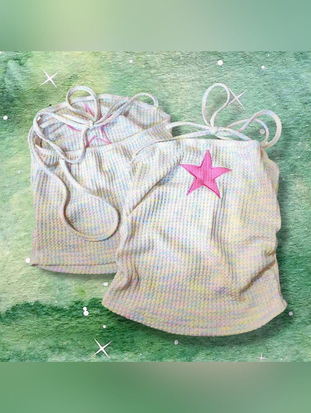 Pink Star Tie-Shoulder Ribbed Crop Top